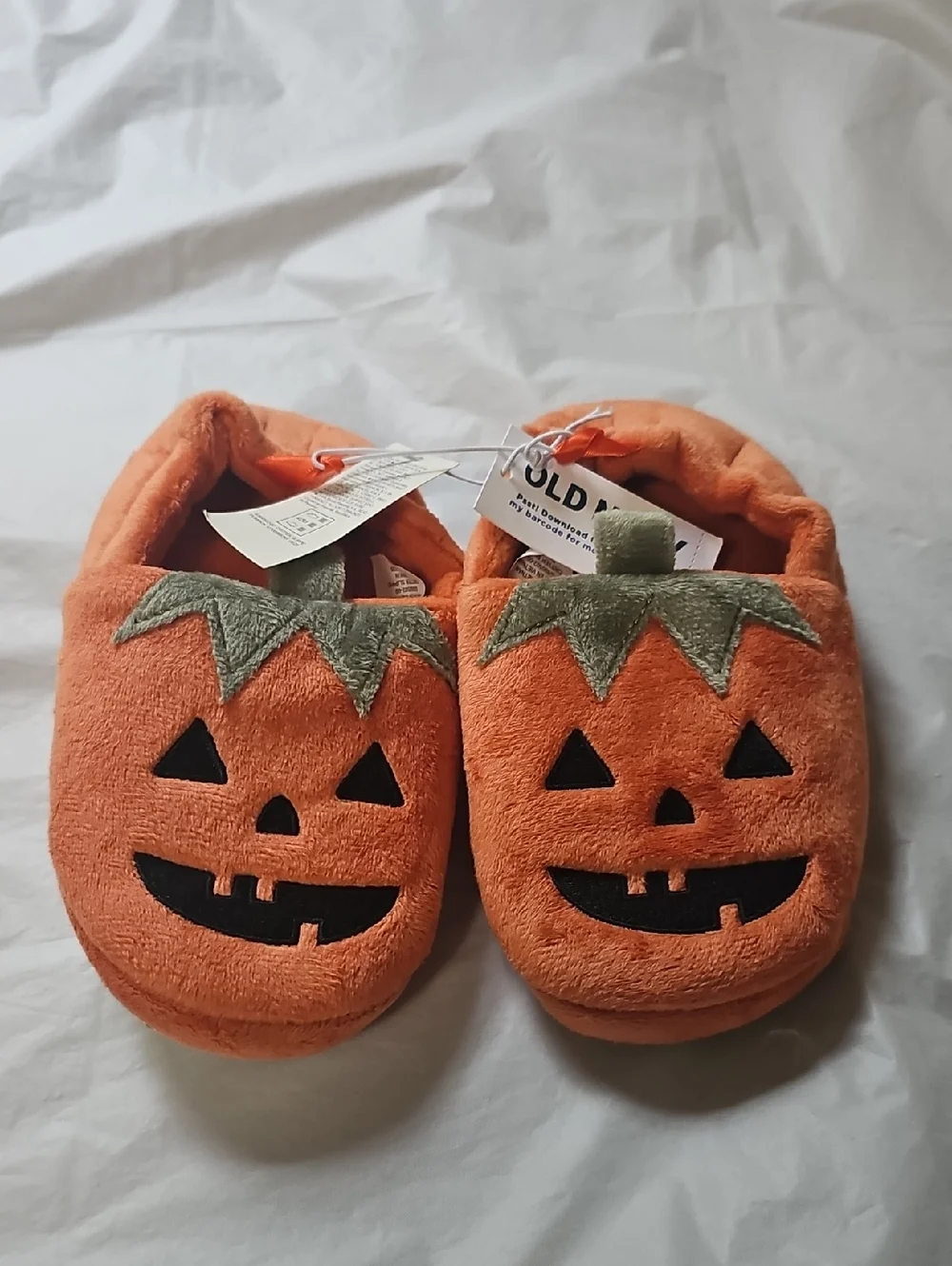 Old Navy Kid Medium 9/10 Orange PumpkinJack O'Lantern Plush Slip-On Slippers New